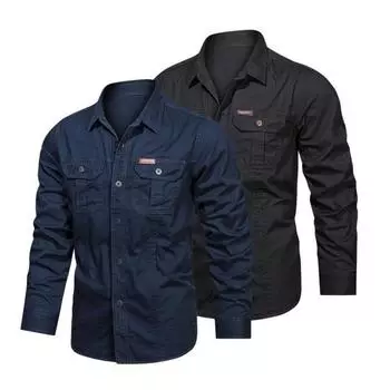 Осенняя мужская рубашка с лацканами, однобортный, с длинным рукавом, приталенный, однотонный, с мягкими карманами, кардиган M темно-синий