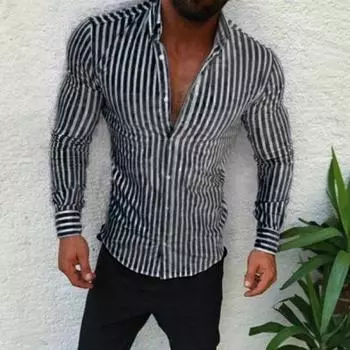 Осенняя мужская рубашка с полосатым принтом и отложным воротником размера плюс, однобортный, с длинным рукавом, с воротником, приталенный, деловой, деловой, кардиган, на каждый день XL светло-синий