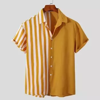 Осенняя мужская рубашка с полосатым принтом, отложным воротником, коротким рукавом, однобортная, свободного кроя, формальный деловой стиль, кардиган, повседневный офис M чёрный