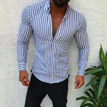 Осенняя мужская рубашка с полосатым принтом, отложным воротником, большого размера, с длинным рукавом, однобортная, облегающая, формальный деловой стиль, кардиган, Dail L светло-синий
