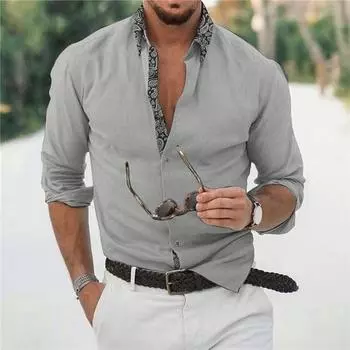 Осенняя мужская рубашка с принтом, чистый цвет, пуговицы с лацканами, длинный рукав, однотонная, приталенная, формальная M серый