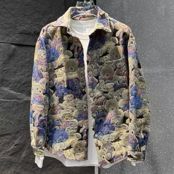 Осенняя мужская рубашка с принтом в китайском стиле, повседневная модная куртка с длинными рукавами, осенняя рубашка с лацканами и медвежьим принтом XXXXXL