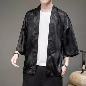 Осенняя мужская рубашка, винтажный китайский ледяной шелковый кардиган, стиль дракона, большие размеры, свободная шаль с длинными рукавами, солнцезащитный крем M чёрный
