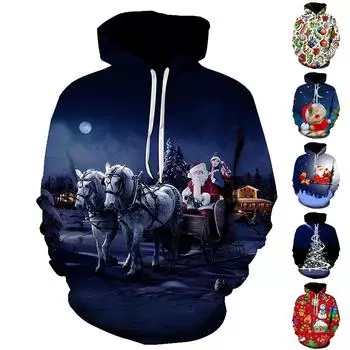 Осенняя мужская толстовка для взрослых с капюшоном с 3D принтом Санта-Клауса и принтом XXL бежевый