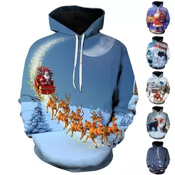 Осенняя мужская толстовка для взрослых с капюшоном с 3D принтом Санта-Клауса и принтом XXL синий