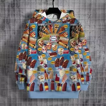 Осенняя мужская толстовка с капюшоном, повседневный свитер с длинным рукавом и принтом мороженого, модная толстовка с капюшоном, уличная одежда, свободная мужская толстовка с капюшоном S
