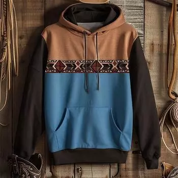 Осенняя мужская толстовка с капюшоном с 3D-этническим узором и длинным рукавом, полосатый топ в стиле пэчворк, ретро-толстовки большого размера для мужчин, одежда S