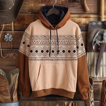 Осенняя мужская толстовка с капюшоном с 3D-этническим узором и длинным рукавом, полосатый топ в стиле пэчворк, ретро-толстовки большого размера для мужчин, одежда S