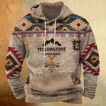 Осенняя мужская толстовка с капюшоном с длинным рукавом, винтажный принт Йеллоустонского национального парка, свободная одежда Y2k, модная толстовка с капюшоном для мужчин S