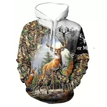 Осенняя мужская толстовка с капюшоном с принтом оленя в виде 3D-принта, повседневная толстовка с длинным рукавом для улицы, мужская свободная одежда S