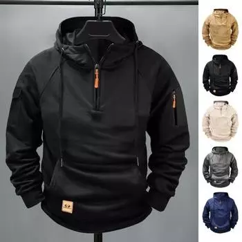 Осенняя мужская толстовка с капюшоном с защитой шеи и застежкой-молнией на половину длины с большим карманом M хаки