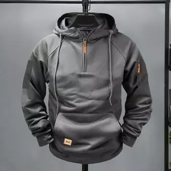 Осенняя мужская толстовка с капюшоном с защитой шеи и застежкой-молнией на половину длины с большим карманом M хаки