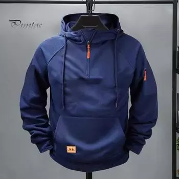 Осенняя мужская толстовка с капюшоном, защита шеи, капюшон с завязками на половину молнии, большой карман, эластичные манжеты и подол, пуловер для спорта, фитнеса, путешествий, школы, топ M темно-коричневого