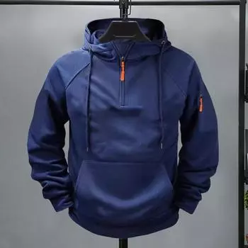 Осенняя мужская толстовка с капюшоном, защита шеи, капюшон с завязками на половину молнии, большой карман, эластичные манжеты и подол, пуловер для спорта, фитнеса, путешествий, школы, топ M серый