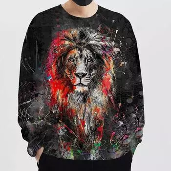 Осенняя мужская толстовка с круглым вырезом и принтом в виде льва с цифровым принтом 3D, свободная толстовка с длинными рукавами S