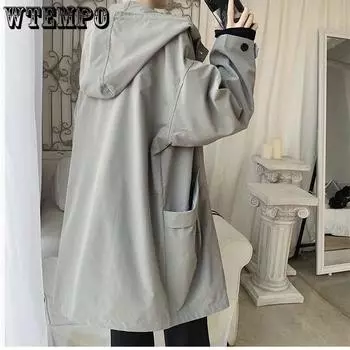 Осенняя мужская ветровка средней длины с капюшоном, повседневная однотонная куртка для подростков, свободная куртка для студентов M чёрный