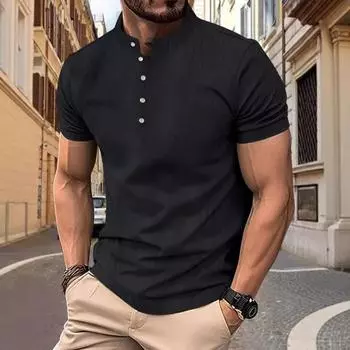 Осенняя мужская винтажная хлопковая льняная повседневная рубашка поло на пуговицах с короткими рукавами, мужские модные топы S светло-синий