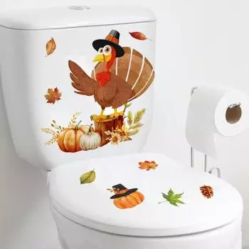 Осенняя наклейка для унитаза на День Благодарения, мультяшная Турция, кленовые листья, цветок тыквы, сосновая шишка, съемная самоклеящаяся водонепроницаемая наклейка на стену из ПВХ для ванной комнаты A