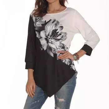 Осенняя напечатанная повседневная женская рубашка свободного кроя с круглым вырезом и неровным подолом S чёрный