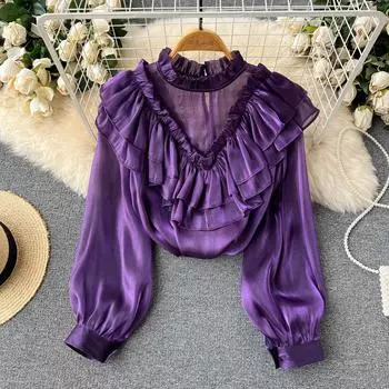 Осенняя ниша с дизайном листьев лотоса, уникальная уникальная зарубежная стильная красивая рубашка с длинными рукавами для женщин