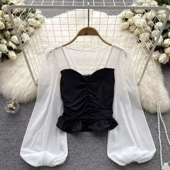 Осенняя нишевая дизайнерская рубашка с квадратным вырезом и плиссированной контрастной цветной сеткой с рукавами-фонариками, топ для женщин