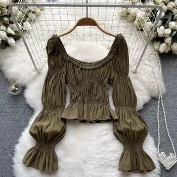 Осенняя нишевая плиссированная рубашка с рукавами-колокольчиками во французском дизайне, тонкий укороченный топ