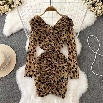 Осенняя НОВАЯ СЕКСУАЛЬНАЯ сумка с длинным рукавом и v-образным вырезом с леопардовым принтом, тонкая темпераментная юбка с талией и бедрами