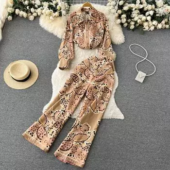 Осенняя новая элитная женская рубашка с длинными рукавами с принтом и высокой талией, широкие брюки, женский костюм