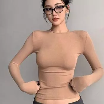 Осенняя новая базовая рубашка женская узкая футболка с круглым вырезом и длинным рукавом S белый