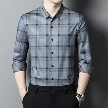 Осенняя новая бесшовная рубашка с длинными рукавами для мужчин среднего возраста, тонкая клетчатая рубашка для папы, повседневная рубашка M