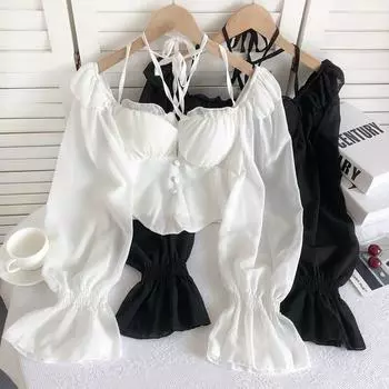 Осенняя новая цельная рубашка без бретелек на шнуровке с воротником и тонкая шифоновая блузка с расклешенными рукавами