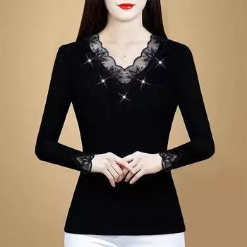 Осенняя новая черная футболка с V-образным вырезом, бархатная утолщенная рубашка с подолом, иностранный стиль, внутренний пуловер, женская рубашка L