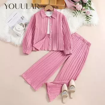 Осенняя новая детская одежда для девочек, однобортные топы с длинными рукавами + брюки, костюмы из 2 предметов, детская одежда 4Y фиолетовый