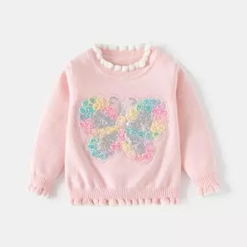 Осенняя новая детская одежда для девочек, вязаный топ с блестками и бабочками, однослойный свитер с кружевными рукавами из хлопка для малышей Tide 100 розовый