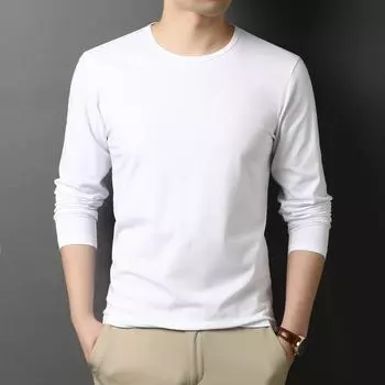 Осенняя новая двусторонняя мерсеризованная футболка с длинными рукавами, мужская свободная и универсальная мужская рубашка с круглым вырезом, белая нижняя рубашка, топ M