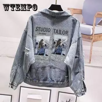 Осенняя новая джинсовая куртка женская Harajuku с принтом потертые бисером свободная повседневная джинсовая куртка пальто верхняя одежда женская куртка S