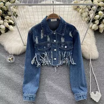 Осенняя новая джинсовая модная джинсовая куртка с кисточками, сетка для девочек, красный дизайн, короткая женская куртка с длинными рукавами
