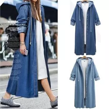 Осенняя новая европейская и американская джинсовая куртка с капюшоном и длинными рукавами, однобортная длинная ветровка с капюшоном