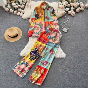 Осенняя новая европейская и американская рубашка с принтом в стиле ретро плюс повседневные брюки с широкими штанинами, комплект из двух предметов M жёлтый