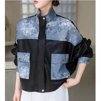 Осенняя новая французская ретро-куртка из кожи со стоячим воротником, байкерская одежда, джинсовая куртка с принтом и PU-кожей M
