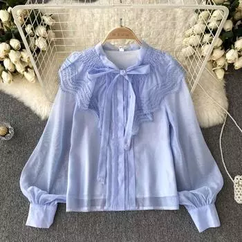 Осенняя новая французская синяя блузка в стиле ретро с v-образным вырезом и оборками, шикарная шифоновая сетчатая блузка для женщин