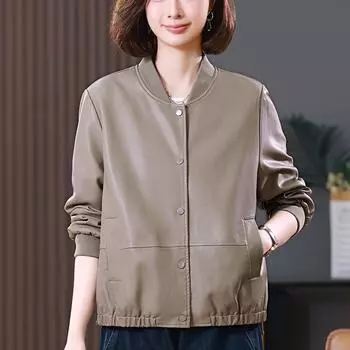 Осенняя новая художественная повседневная свободная большая версия на молнии однотонная куртка из искусственной кожи с длинными рукавами бейсбольная форма M