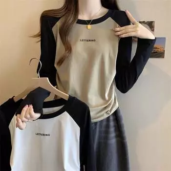 Осенняя новая контрастная цветная футболка реглан с длинными рукавами женская с завязками и круглым вырезом универсальная рубашка с низом модные топы S