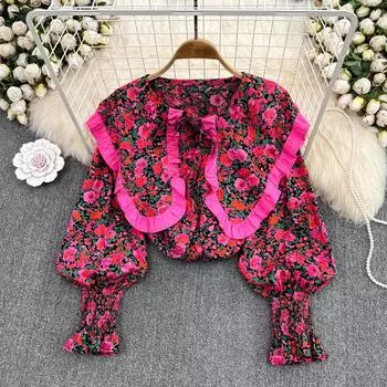 Осенняя новая корейская версия, милый темно-синий воротник, рубашка с длинными рукавами и принтом, женский дизайн, свободный топ с кукольным воротником