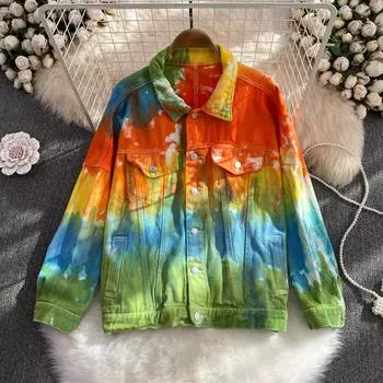 Осенняя новая корейская версия, модная джинсовая куртка с градиентом цвета тай-дай, женская свободная верхняя одежда с длинными рукавами