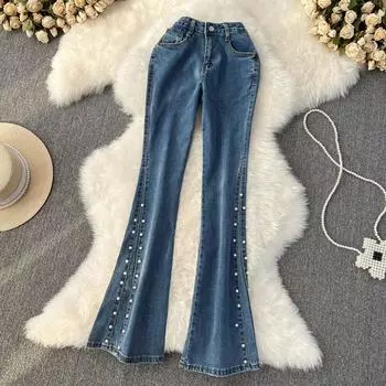 Осенняя новая корейская версия облегающих джинсовых брюк с высокой талией, высоких и тонких длинных брюк с микроклешом из бисера