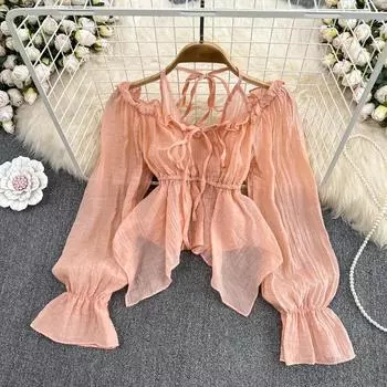 Осенняя новая корейская версия сексуального шифонового топа с открытыми плечами и нерегулярными расклешенными рукавами