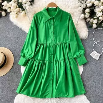 Осенняя новая корейская версия свободного тонкого плиссированного кукольного платья с длинными рукавами и длинными абзацами