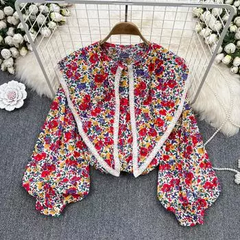 Осенняя новая корейская версия, уменьшающая возраст, сладкий контрастный цвет, кукольный воротник, пузырьковый свободный топ с длинными рукавами в иностранном стиле