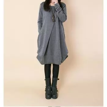 Осенняя новая корейская версия женской одежды большого размера, свободного покроя, плиссированное платье с нерегулярными карманами и круглым вырезом, длинными рукавами M серый